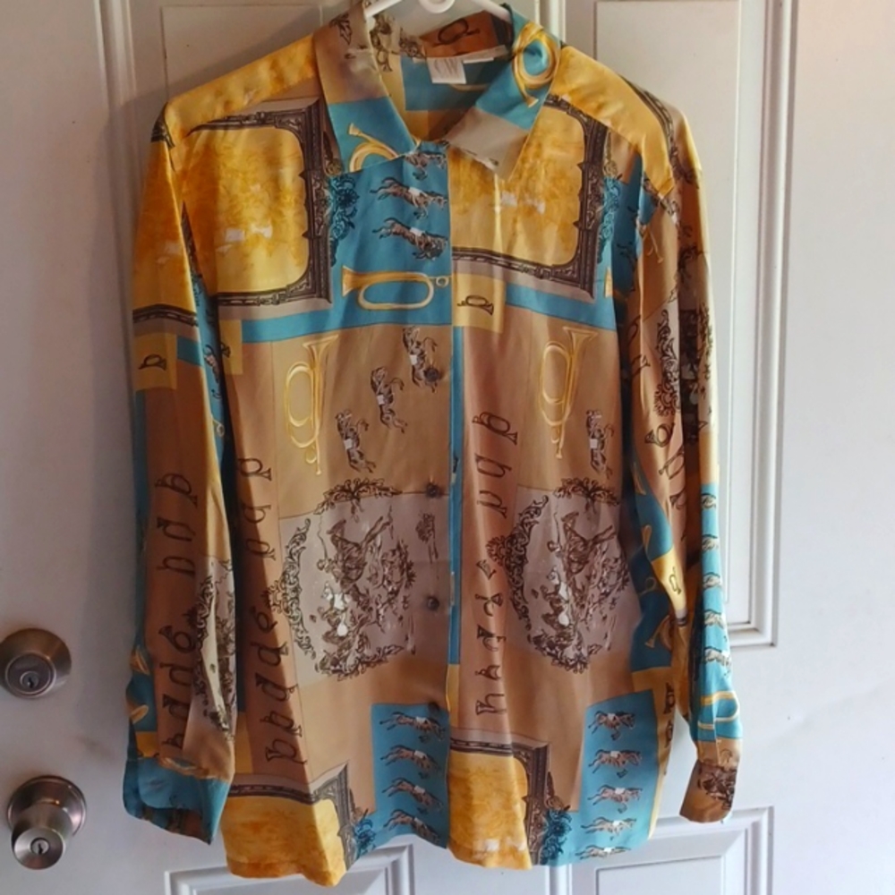 CW Silk Kentucky Derby Long Sleeve Blouse size 10